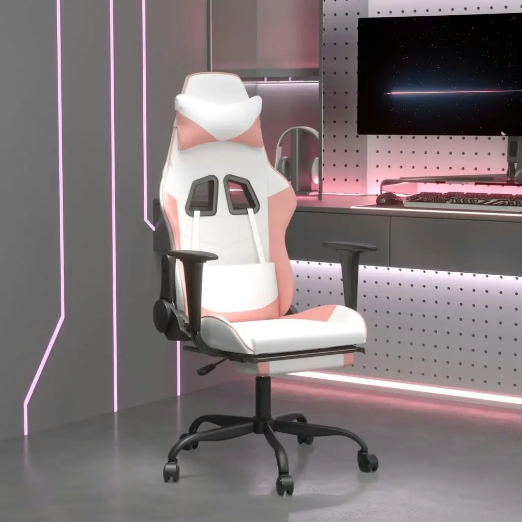 Massage Gaming Chair with Footrest White&Pink Faux Leather 345420