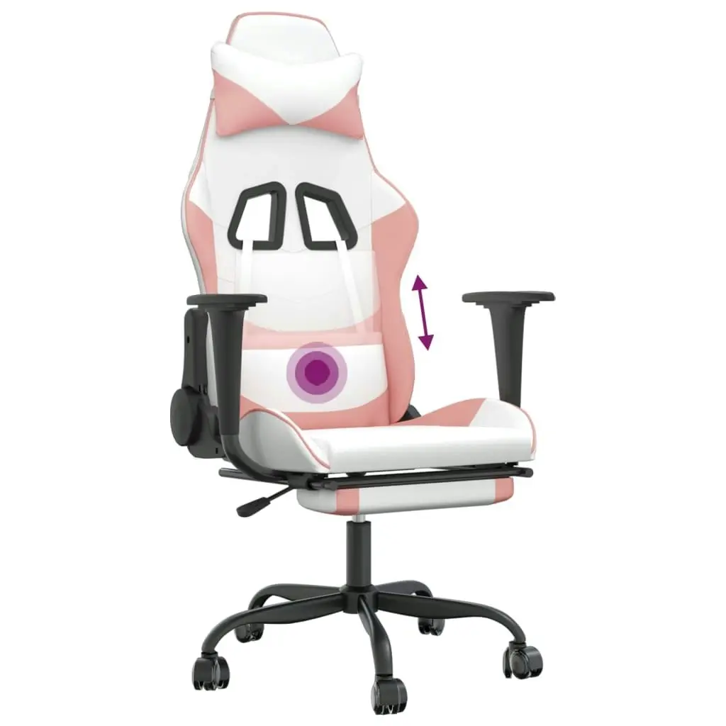 Massage Gaming Chair with Footrest White&Pink Faux Leather 345420