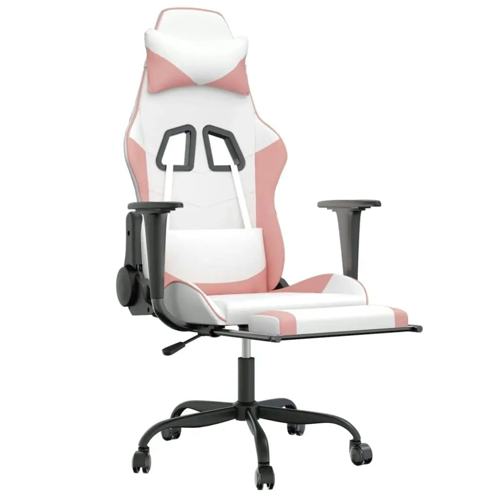 Massage Gaming Chair with Footrest White&Pink Faux Leather 345420