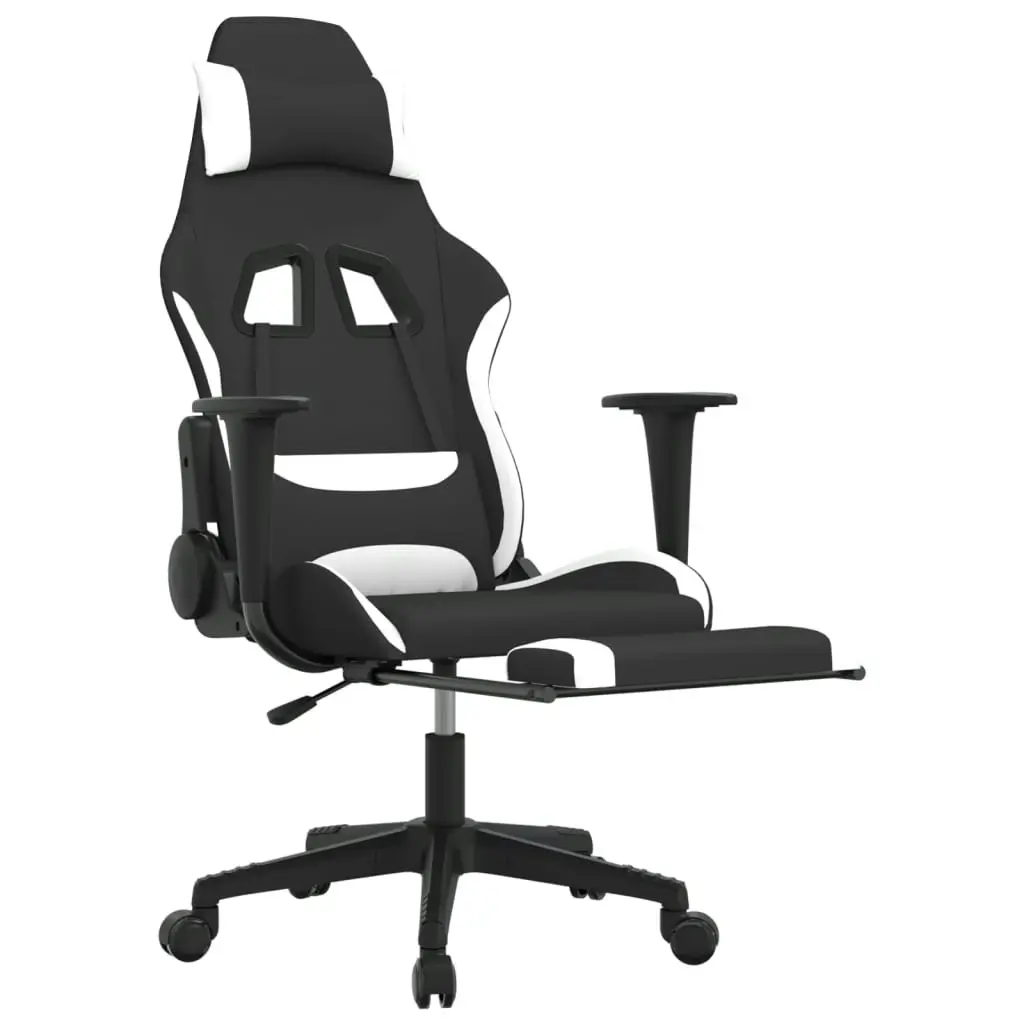 Massage Gaming Chair with Footrest Black and White Fabric 345508