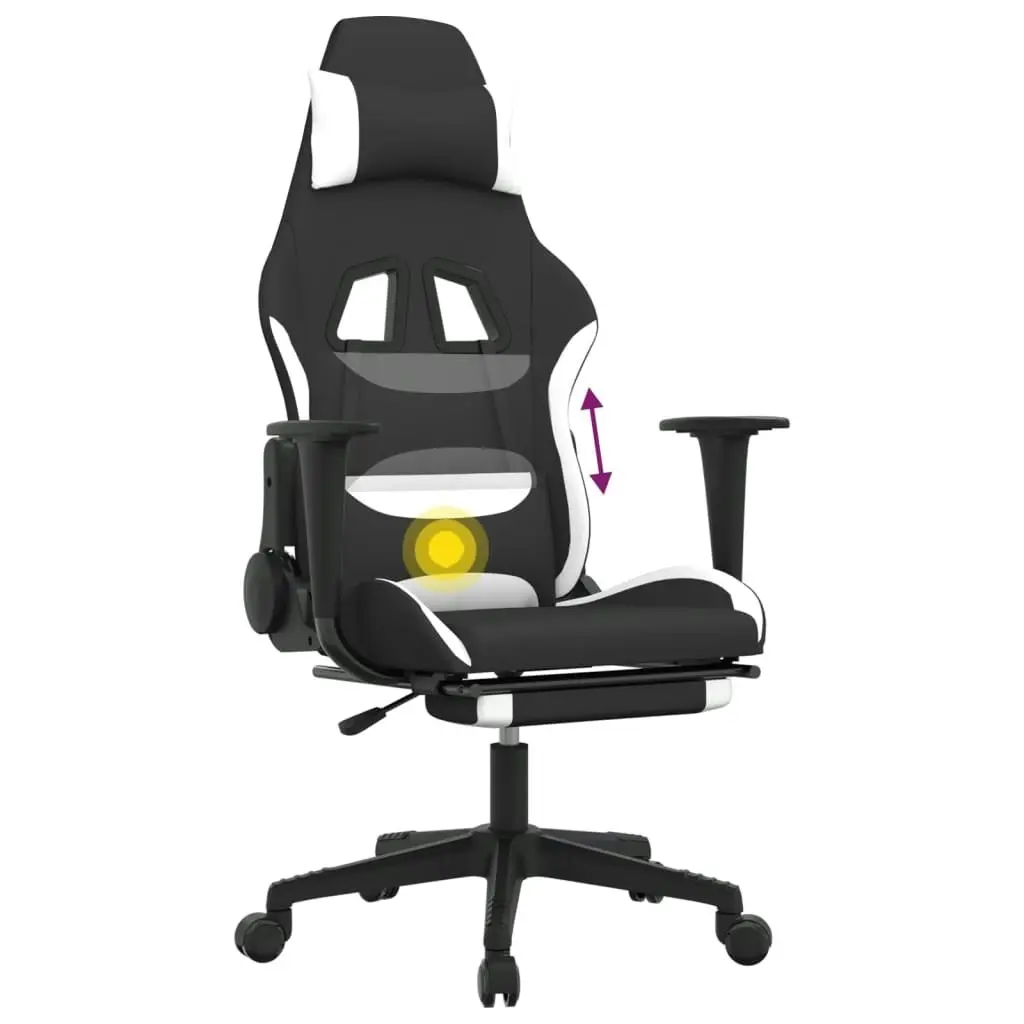 Massage Gaming Chair with Footrest Black and White Fabric 345508