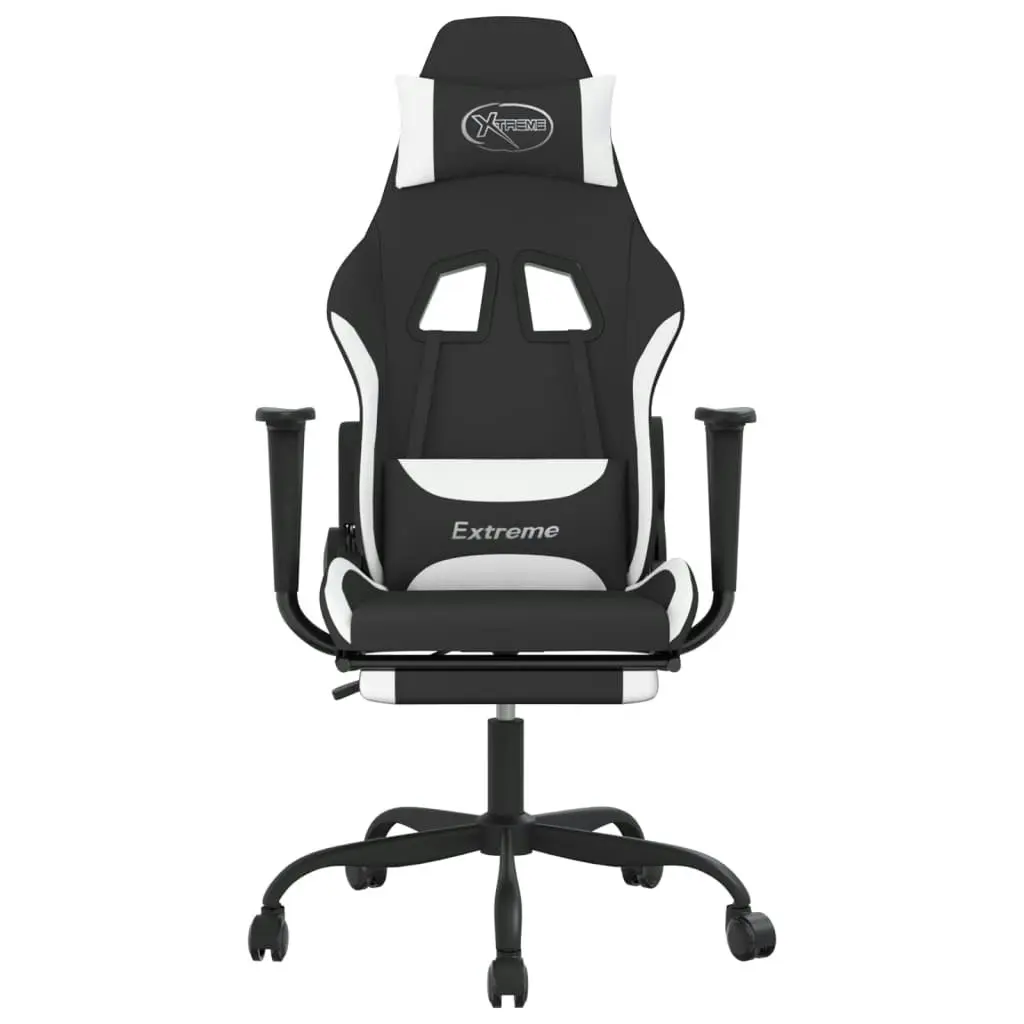 Massage Gaming Chair with Footrest Black and White Fabric 345488