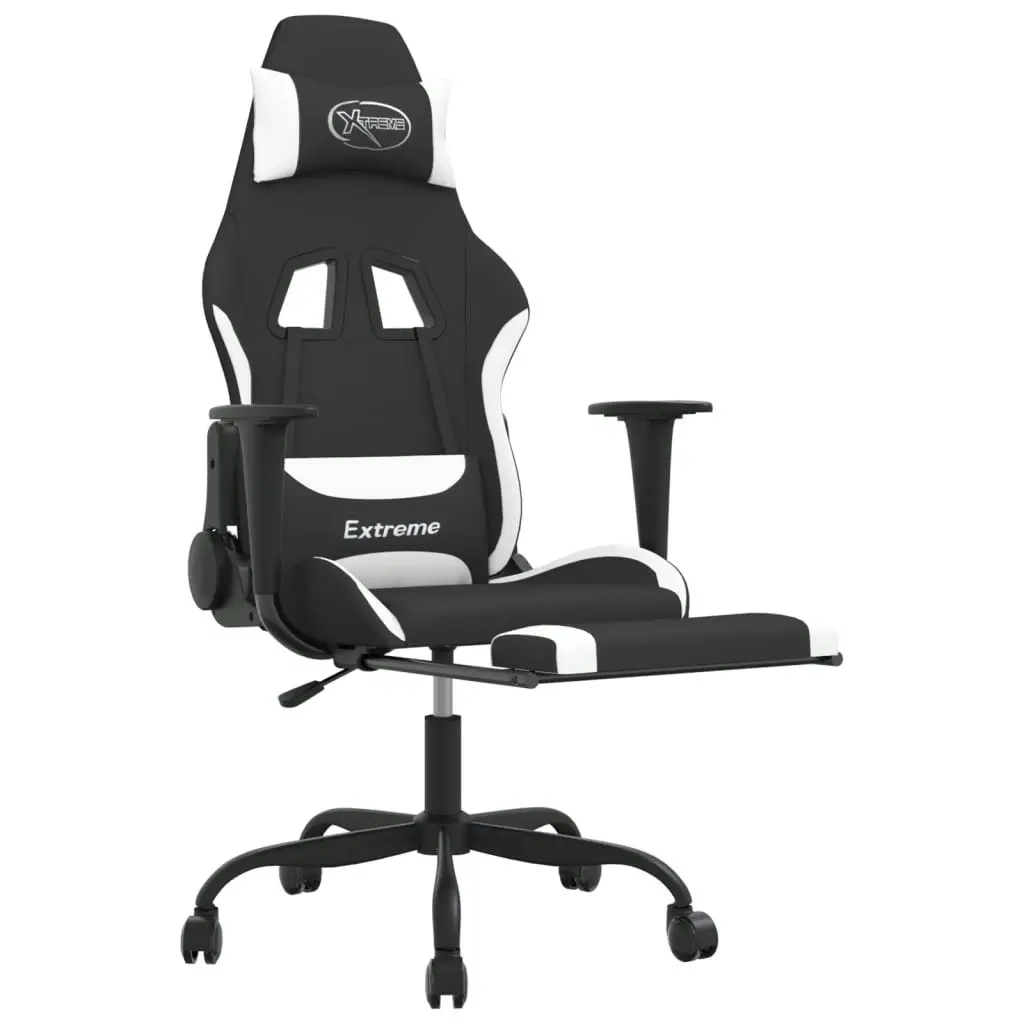 Massage Gaming Chair with Footrest Black and White Fabric 345488