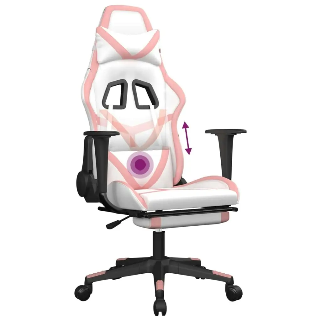 Massage Gaming Chair with Footrest White&Pink Faux Leather 345442