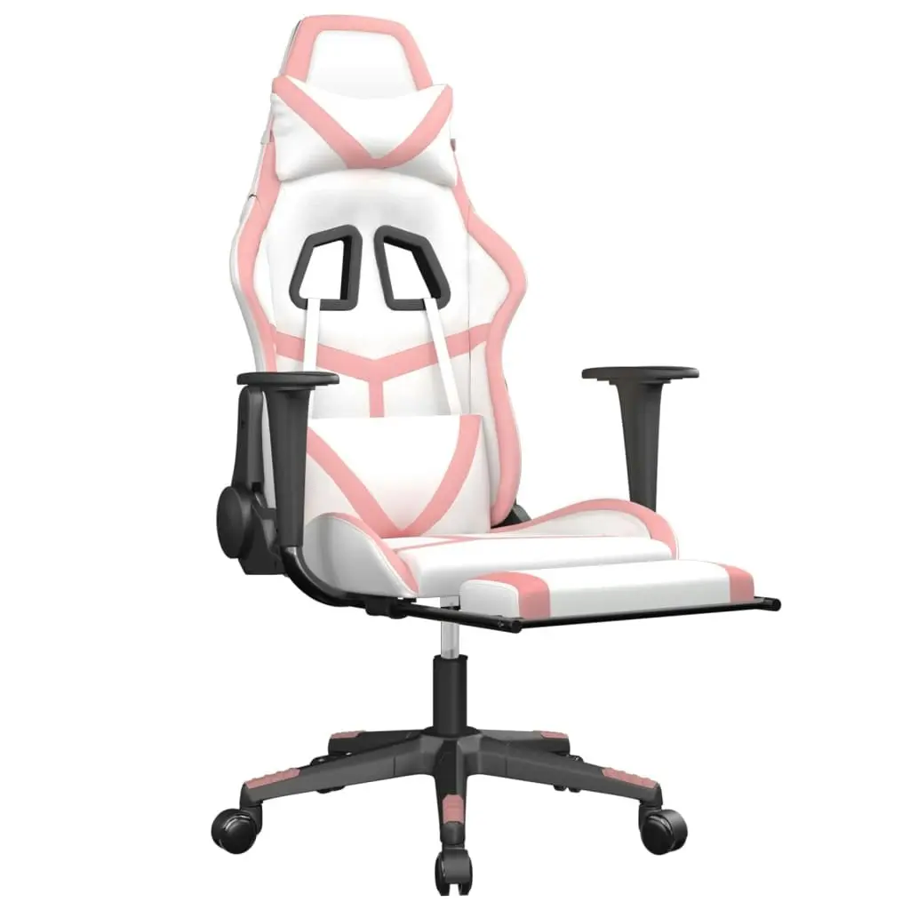 Massage Gaming Chair with Footrest White&Pink Faux Leather 345442