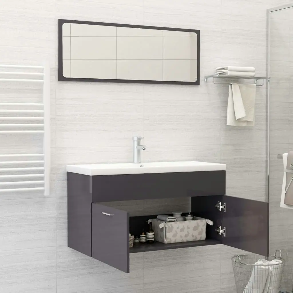 2 Piece Bathroom Furniture Set High Gloss Grey Engineered Wood 804808