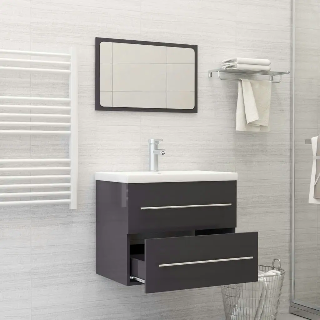 2 Piece Bathroom Furniture Set High Gloss Grey Engineered Wood 804835