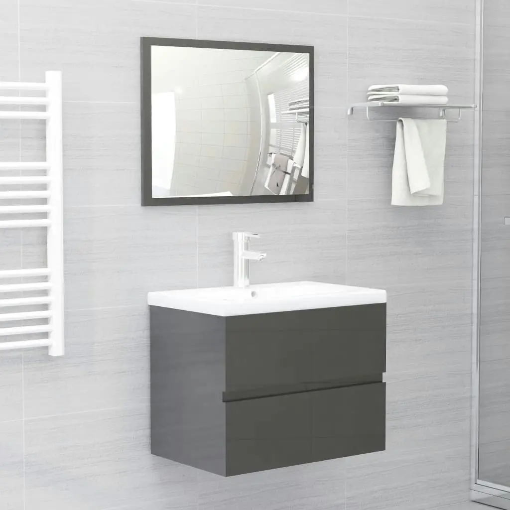 2 Piece Bathroom Furniture Set High Gloss Grey Engineered Wood 804880