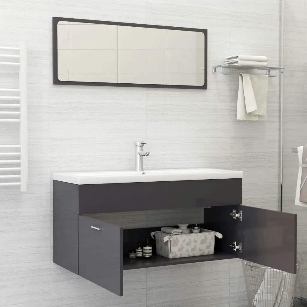 2 Piece Bathroom Furniture Set High Gloss Grey Engineered Wood 804817