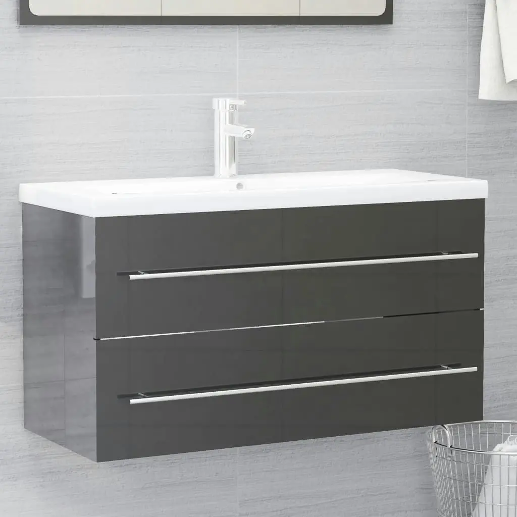 2 Piece Bathroom Furniture Set High Gloss Grey Engineered Wood 804853