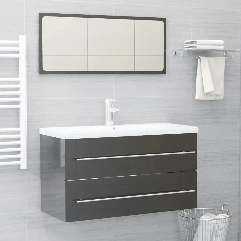 2 Piece Bathroom Furniture Set High Gloss Grey Engineered Wood 804853