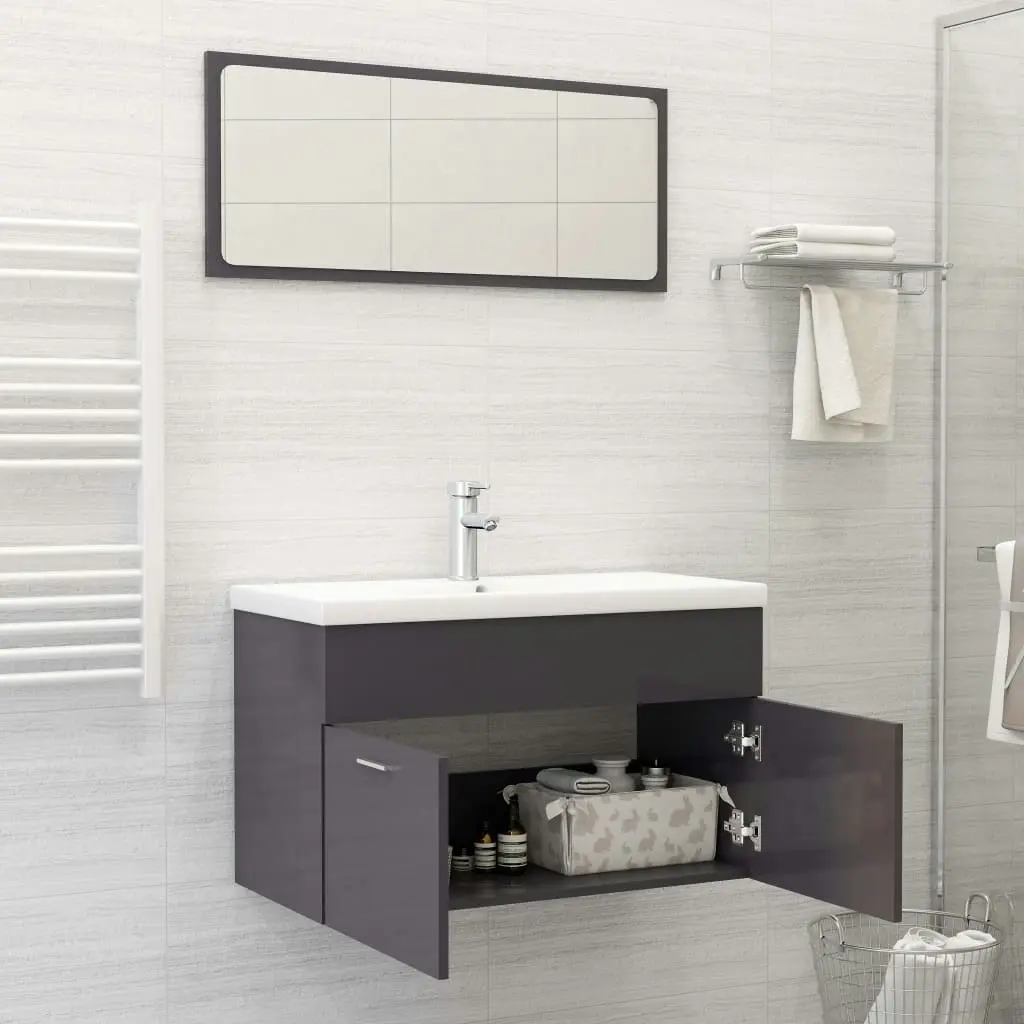 2 Piece Bathroom Furniture Set High Gloss Grey Engineered Wood 804799