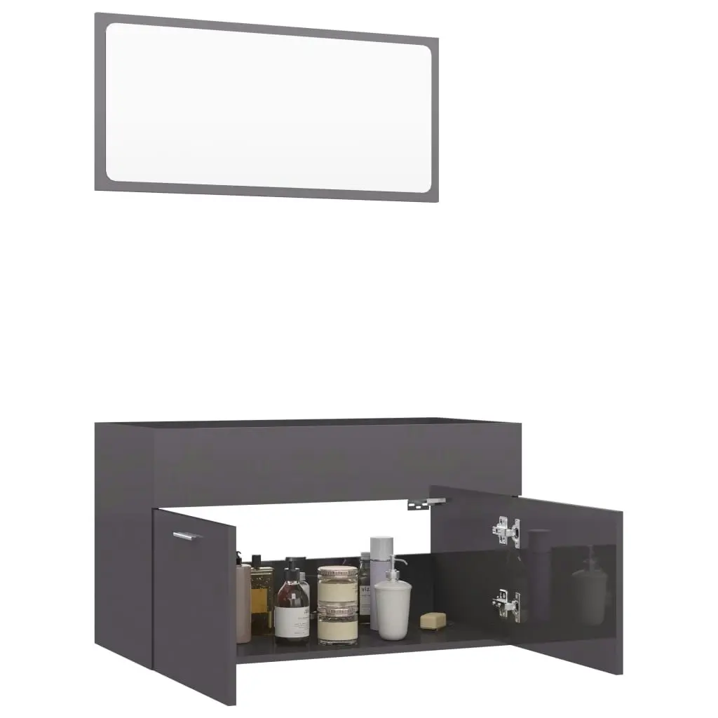 2 Piece Bathroom Furniture Set High Gloss Grey Engineered Wood 804799