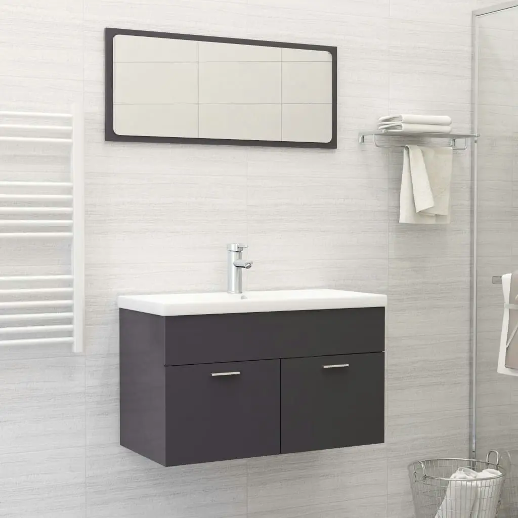 2 Piece Bathroom Furniture Set High Gloss Grey Engineered Wood 804799