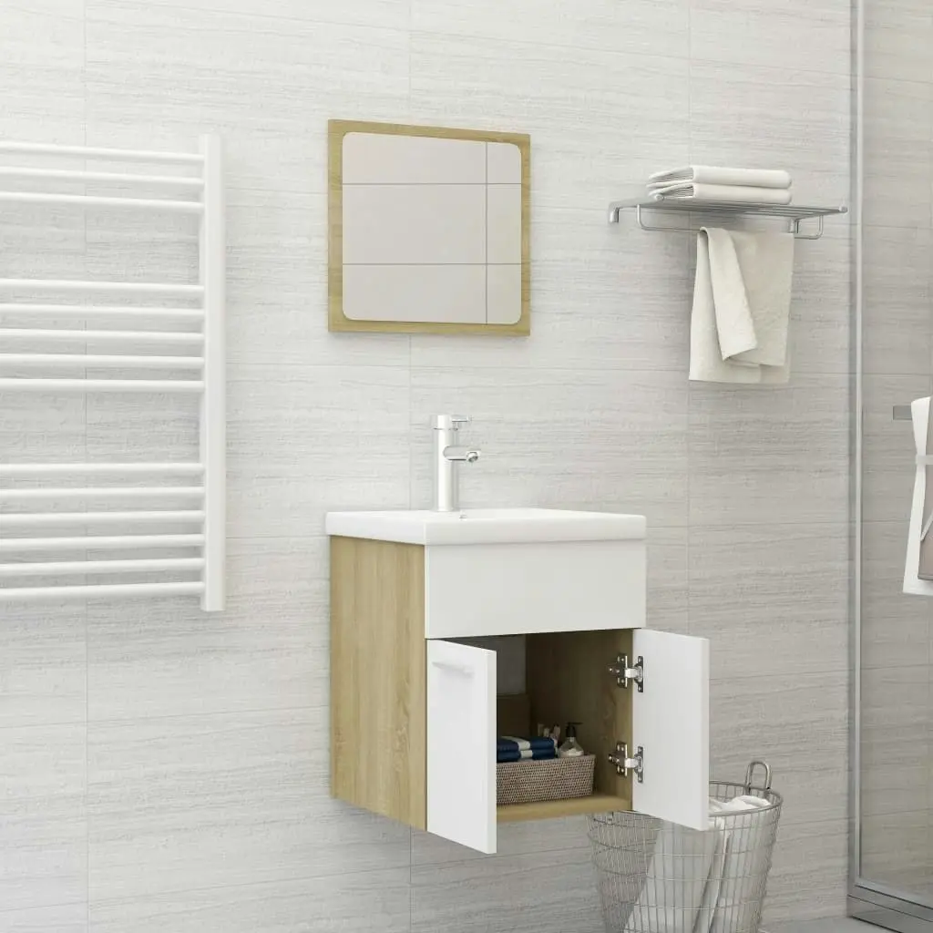 2 Piece Bathroom Furniture Set White and Sonoma Oak Engineered Wood 804778