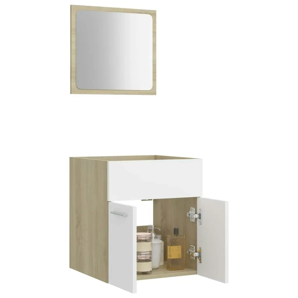 2 Piece Bathroom Furniture Set White and Sonoma Oak Engineered Wood 804778