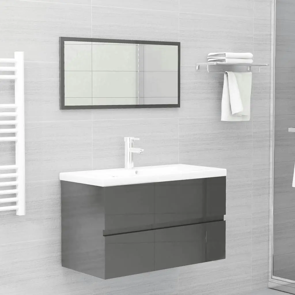 2 Piece Bathroom Furniture Set High Gloss Grey Engineered Wood 804889