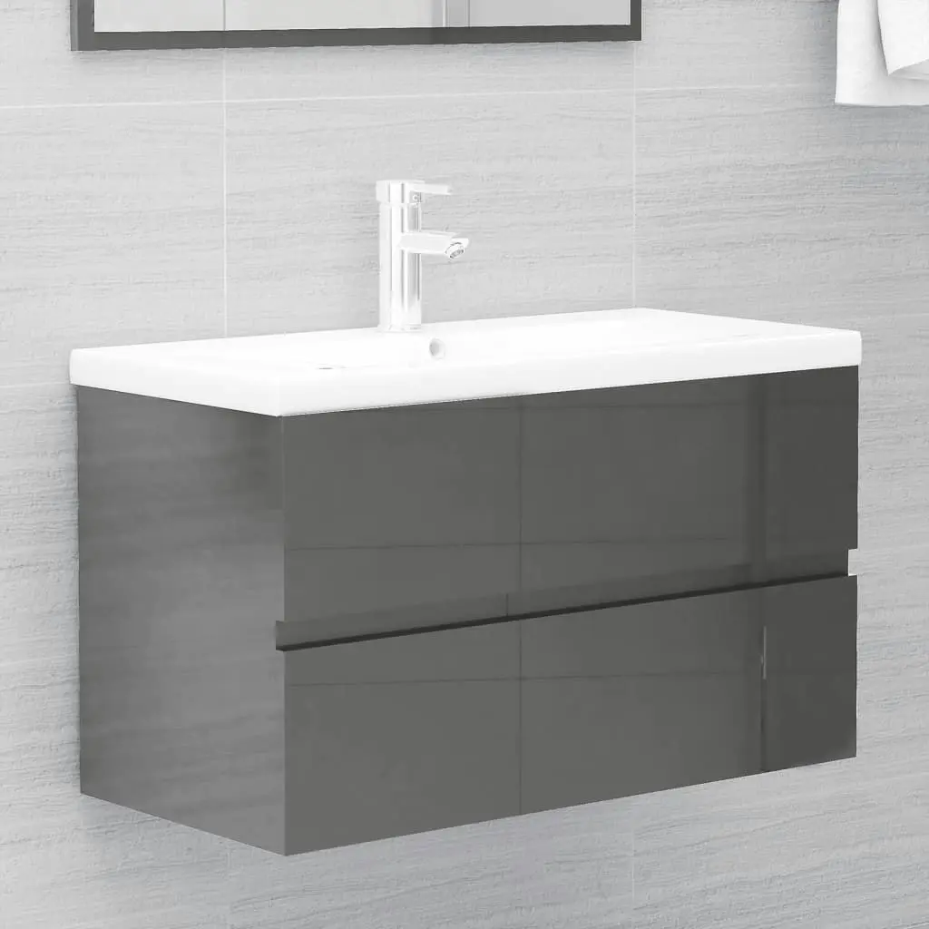 2 Piece Bathroom Furniture Set High Gloss Grey Engineered Wood 804889