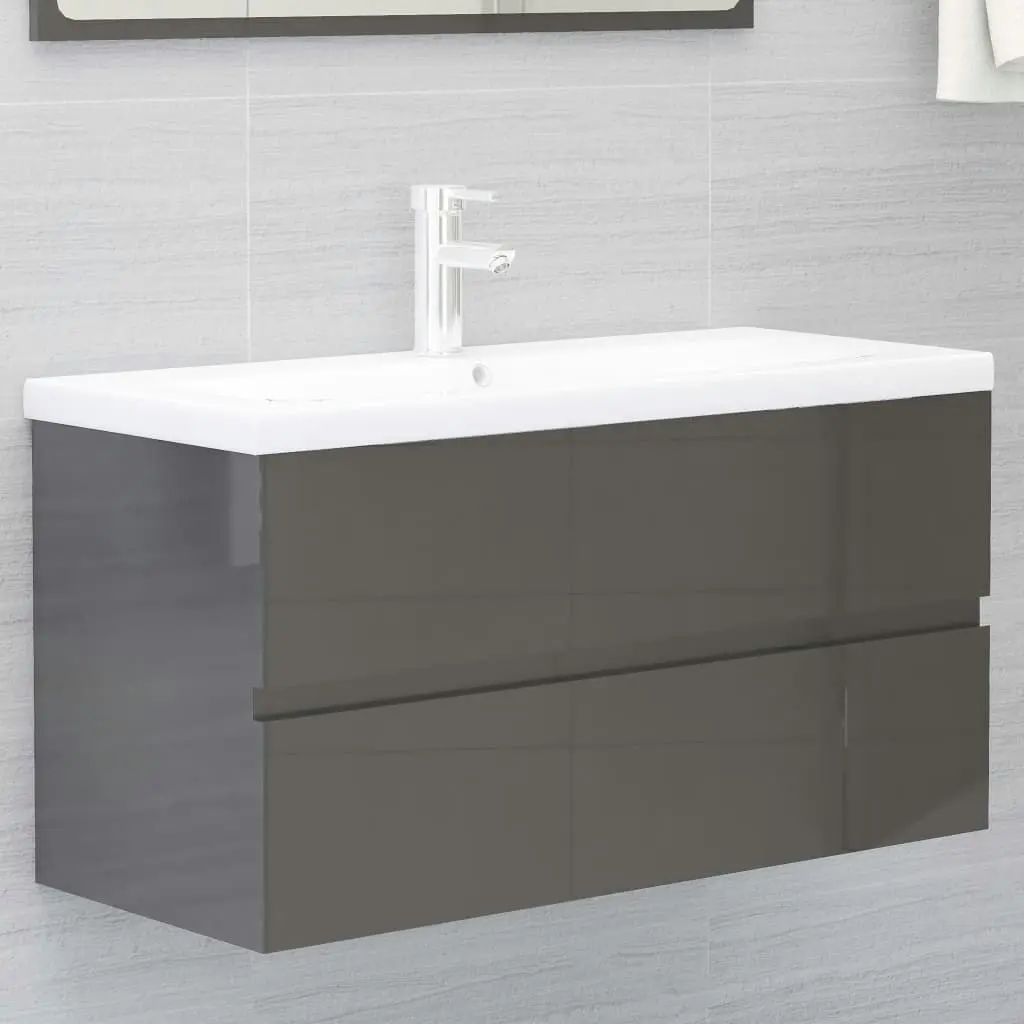 2 Piece Bathroom Furniture Set High Gloss Grey Engineered Wood 804898