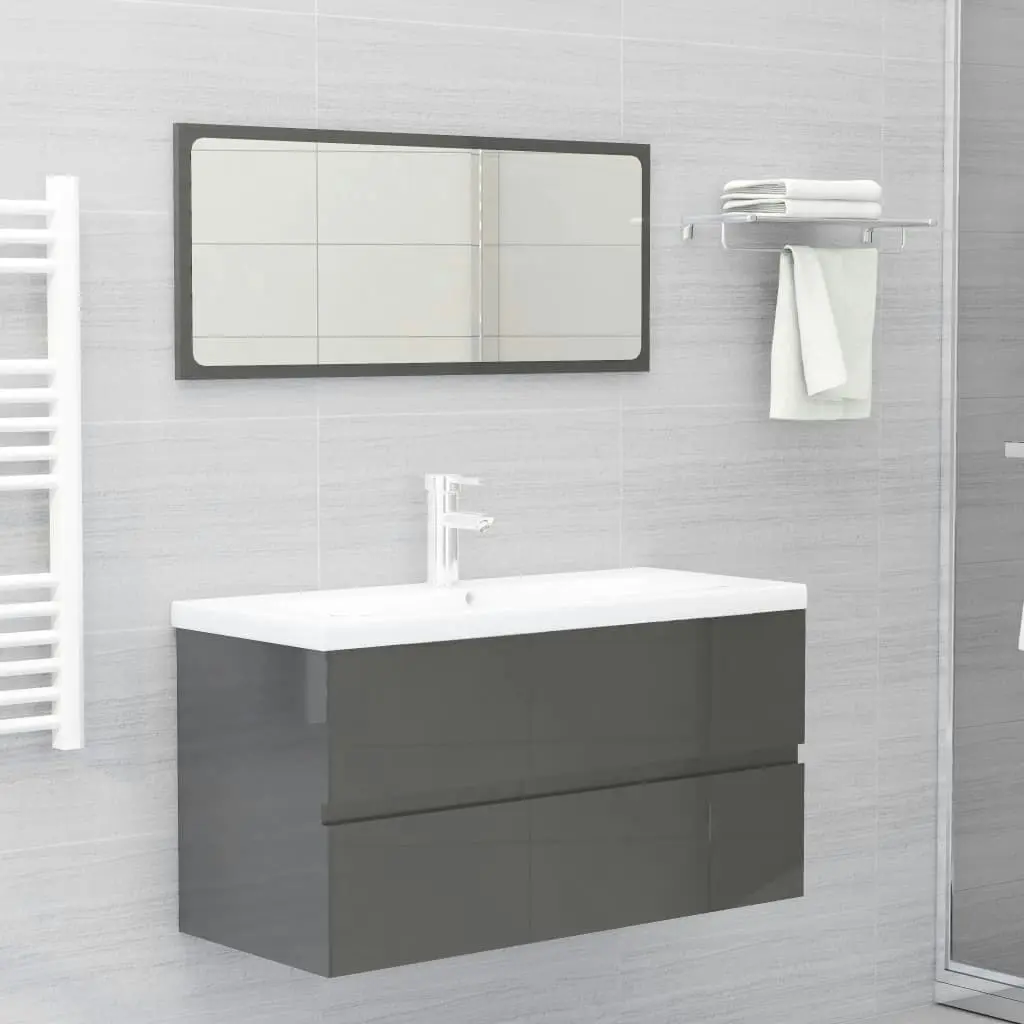 2 Piece Bathroom Furniture Set High Gloss Grey Engineered Wood 804898