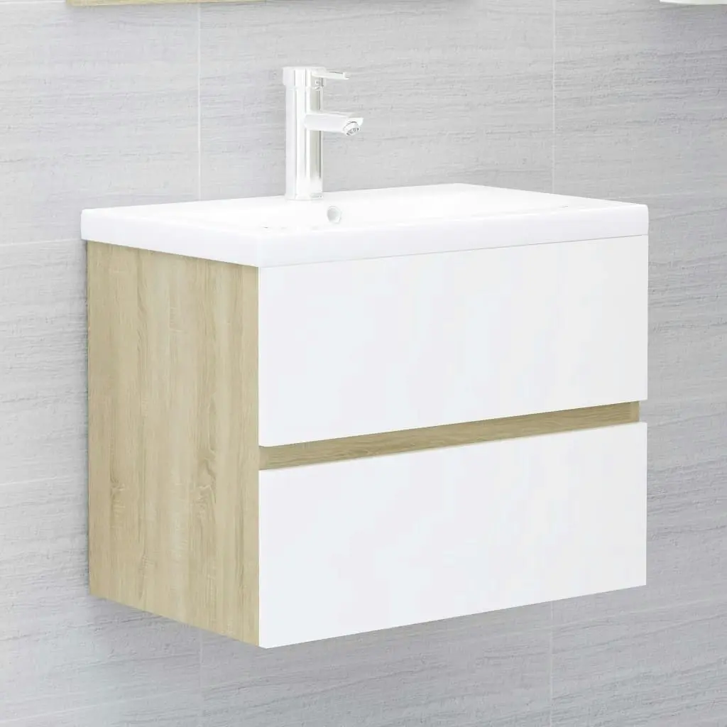 2 Piece Bathroom Furniture Set White and Sonoma Oak Engineered Wood 804877