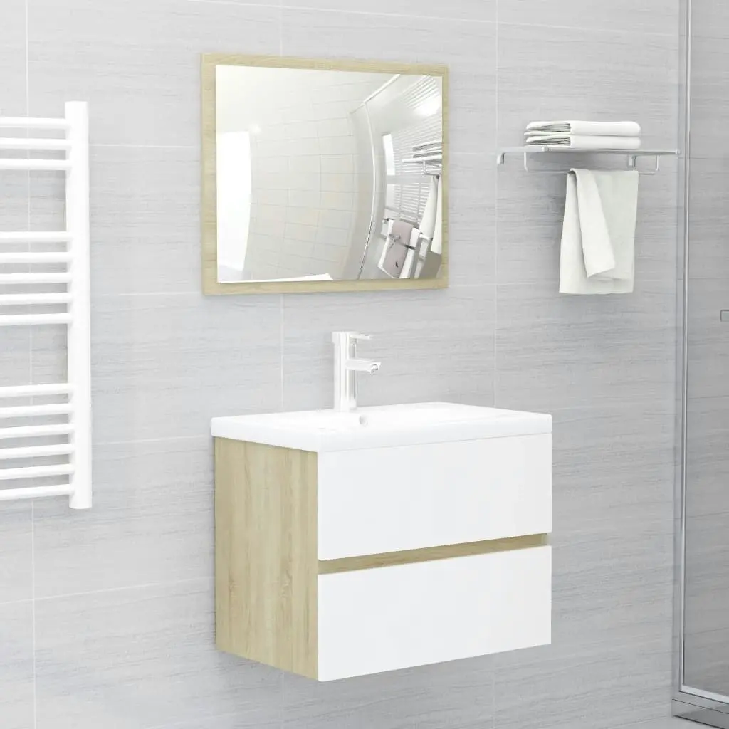 2 Piece Bathroom Furniture Set White and Sonoma Oak Engineered Wood 804877