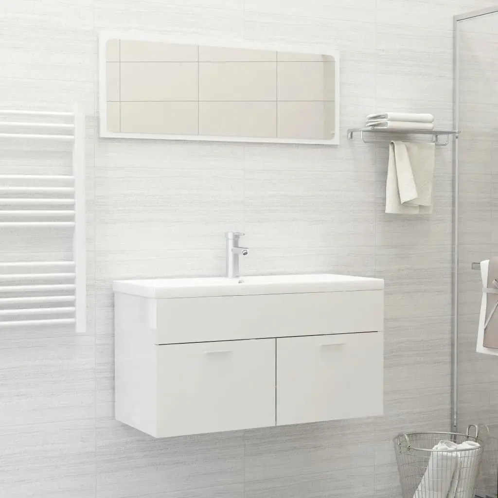 2 Piece Bathroom Furniture Set High Gloss White Engineered Wood 804806