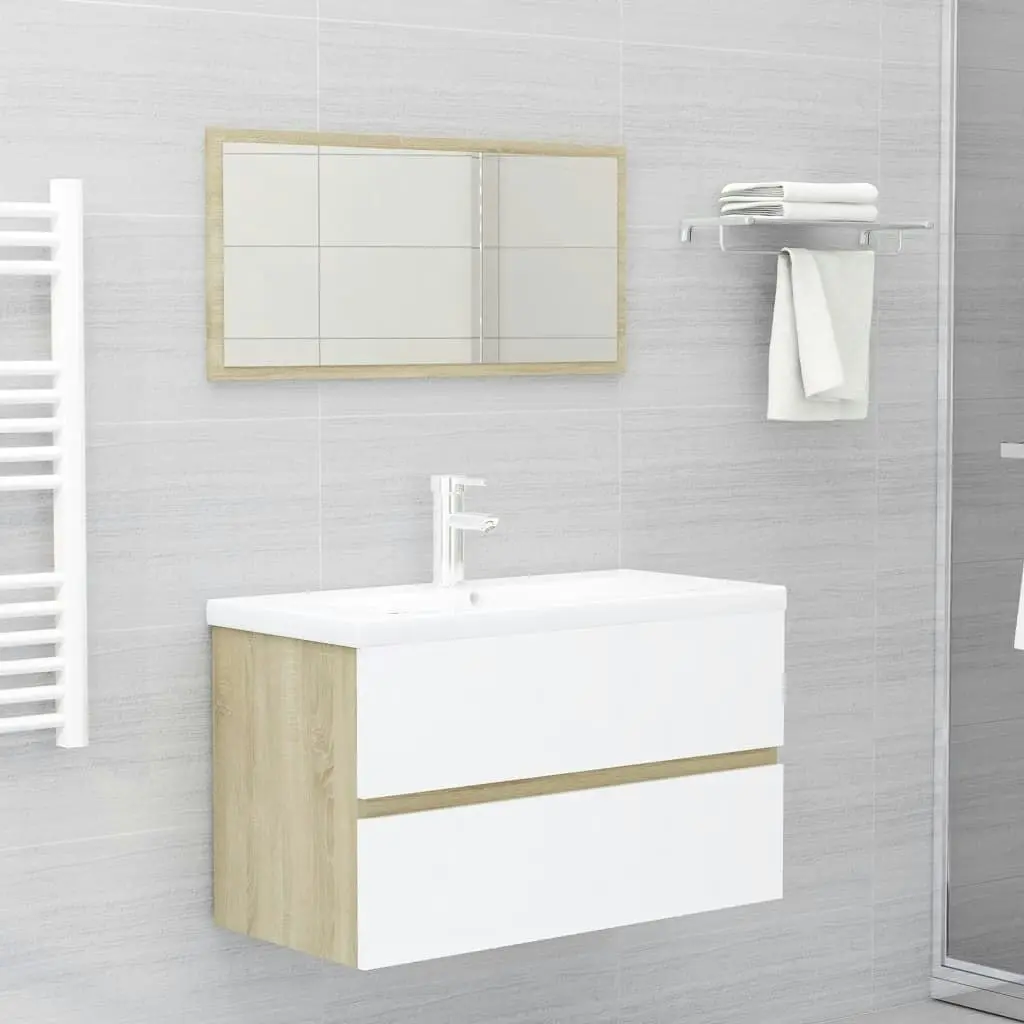 2 Piece Bathroom Furniture Set White and Sonoma Oak Engineered Wood 804886