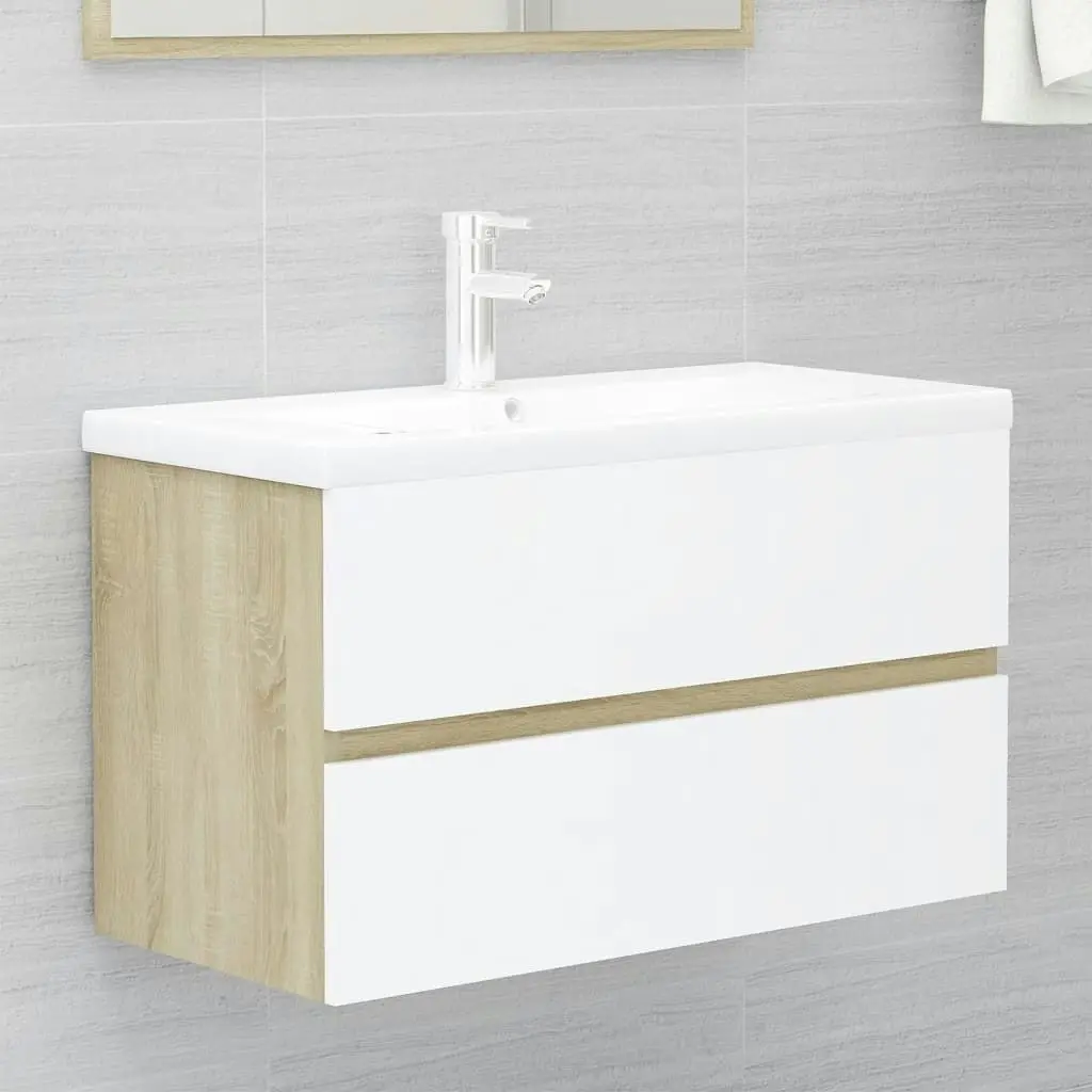 2 Piece Bathroom Furniture Set White and Sonoma Oak Engineered Wood 804886