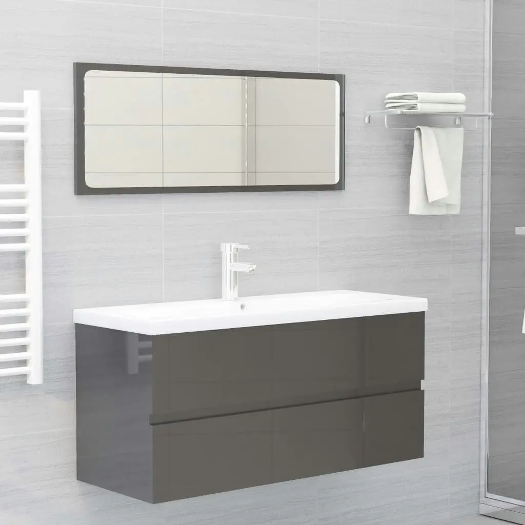 2 Piece Bathroom Furniture Set High Gloss Grey Engineered Wood 804907