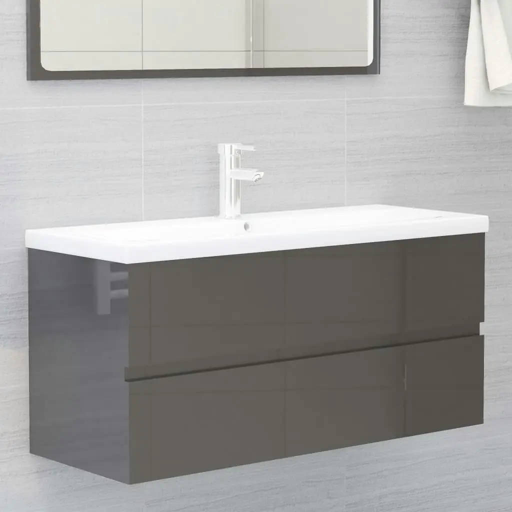 2 Piece Bathroom Furniture Set High Gloss Grey Engineered Wood 804907