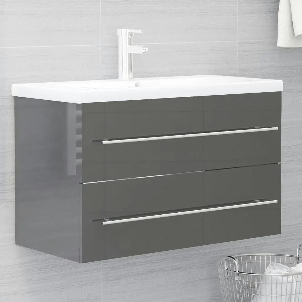 2 Piece Bathroom Furniture Set High Gloss Grey Engineered Wood 804844