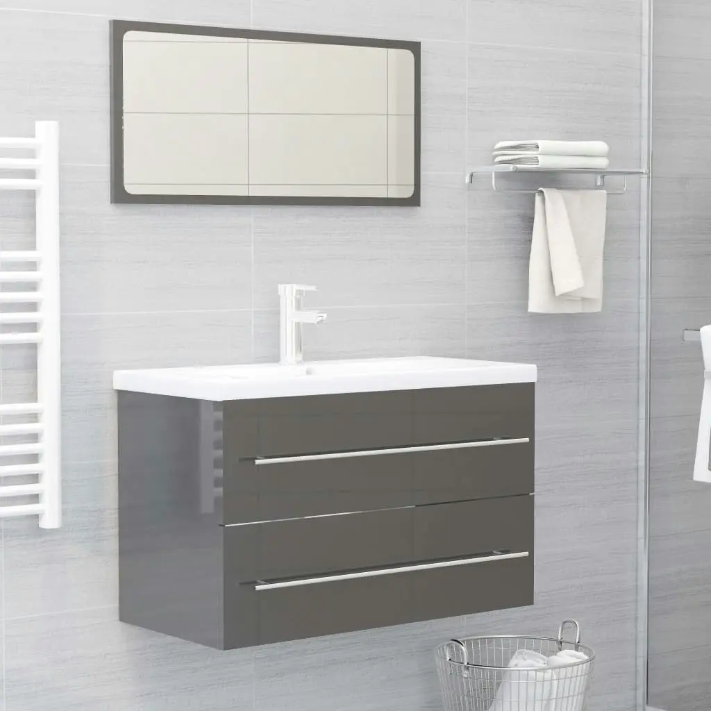 2 Piece Bathroom Furniture Set High Gloss Grey Engineered Wood 804844