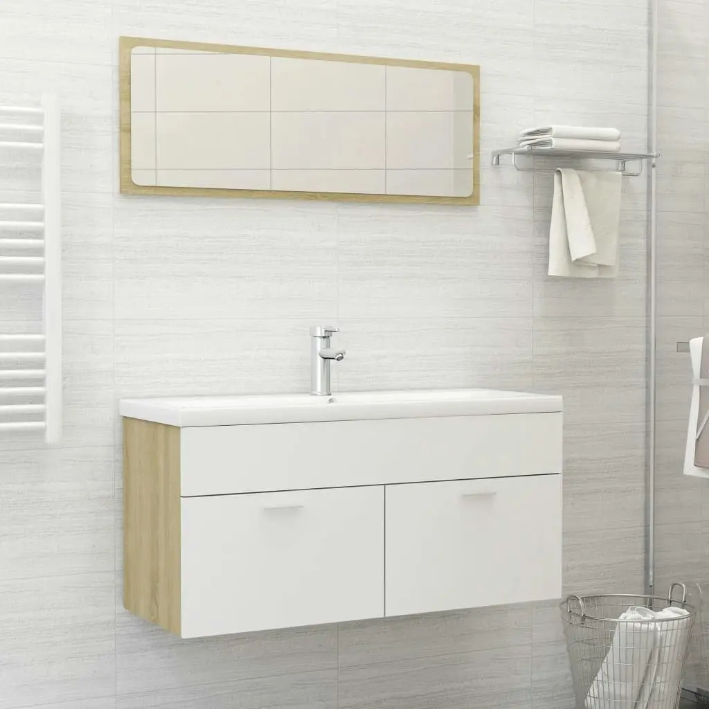 2 Piece Bathroom Furniture Set White and Sonoma Oak Engineered Wood 804814