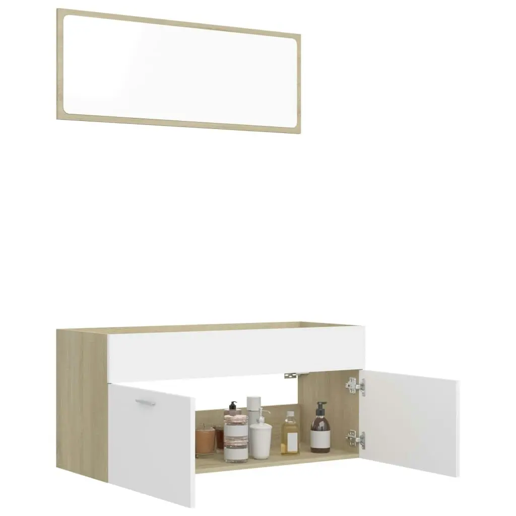 2 Piece Bathroom Furniture Set White and Sonoma Oak Engineered Wood 804814