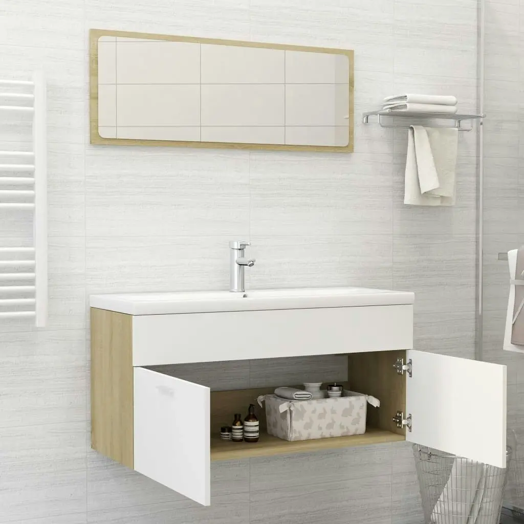 2 Piece Bathroom Furniture Set White and Sonoma Oak Engineered Wood 804814