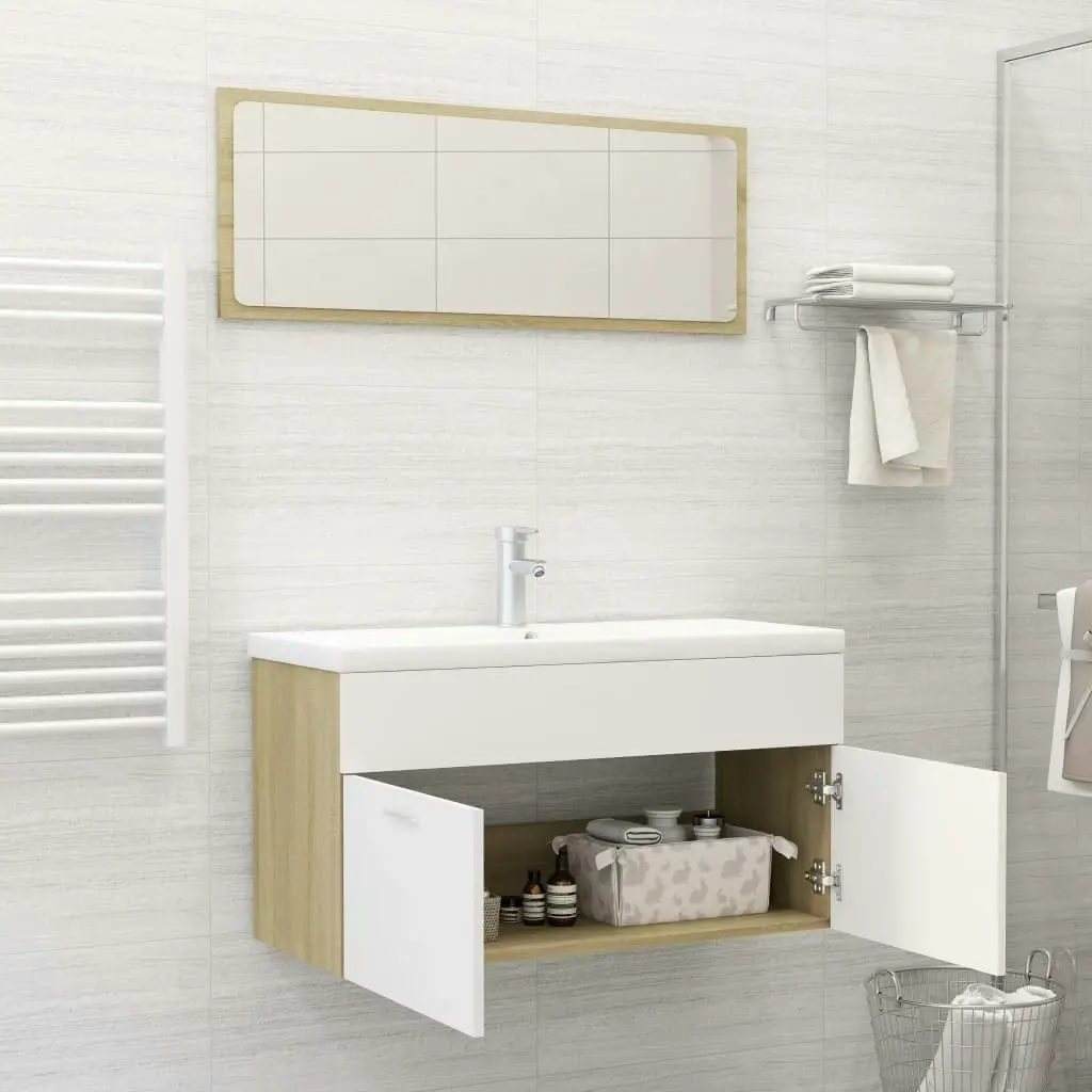 2 Piece Bathroom Furniture Set White and Sonoma Oak Engineered Wood 804805