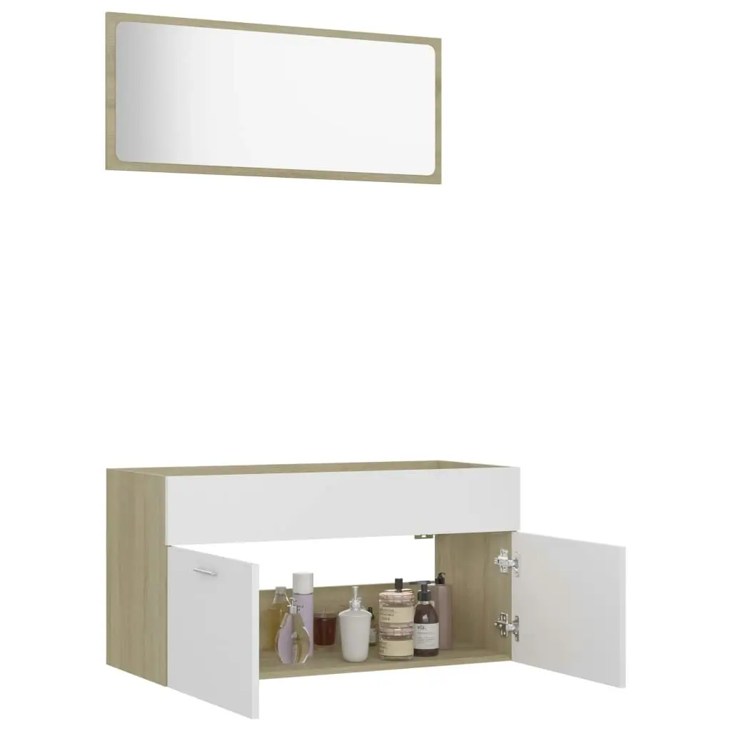 2 Piece Bathroom Furniture Set White and Sonoma Oak Engineered Wood 804805