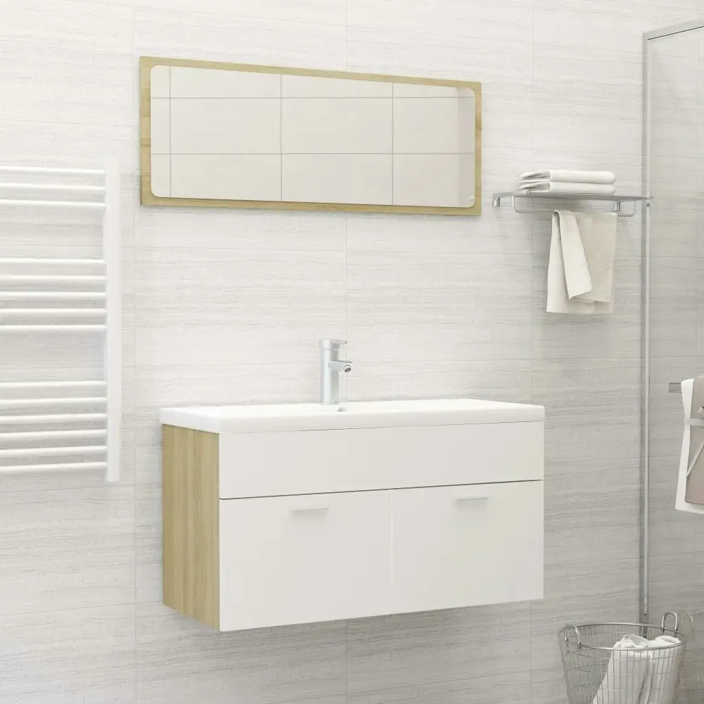 2 Piece Bathroom Furniture Set White and Sonoma Oak Engineered Wood 804805