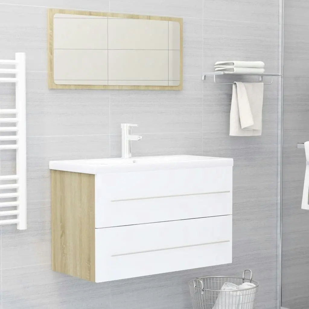 2 Piece Bathroom Furniture Set White and Sonoma Oak Engineered Wood 804841