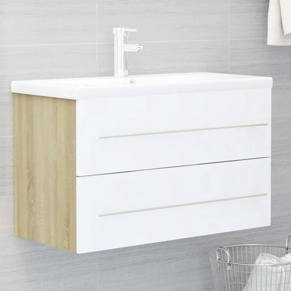 2 Piece Bathroom Furniture Set White and Sonoma Oak Engineered Wood 804841