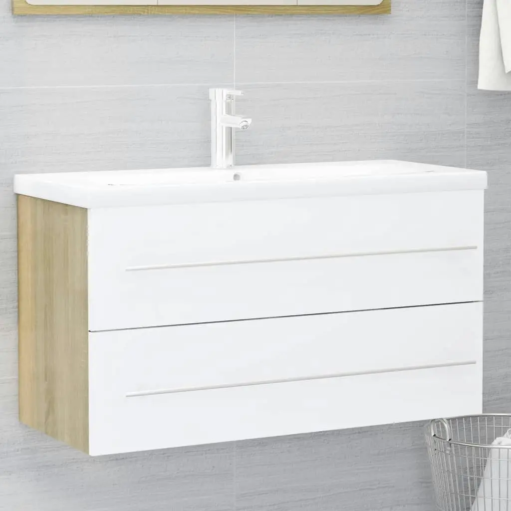 2 Piece Bathroom Furniture Set White and Sonoma Oak Engineered Wood 804850