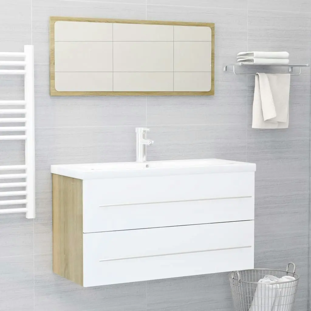 2 Piece Bathroom Furniture Set White and Sonoma Oak Engineered Wood 804850