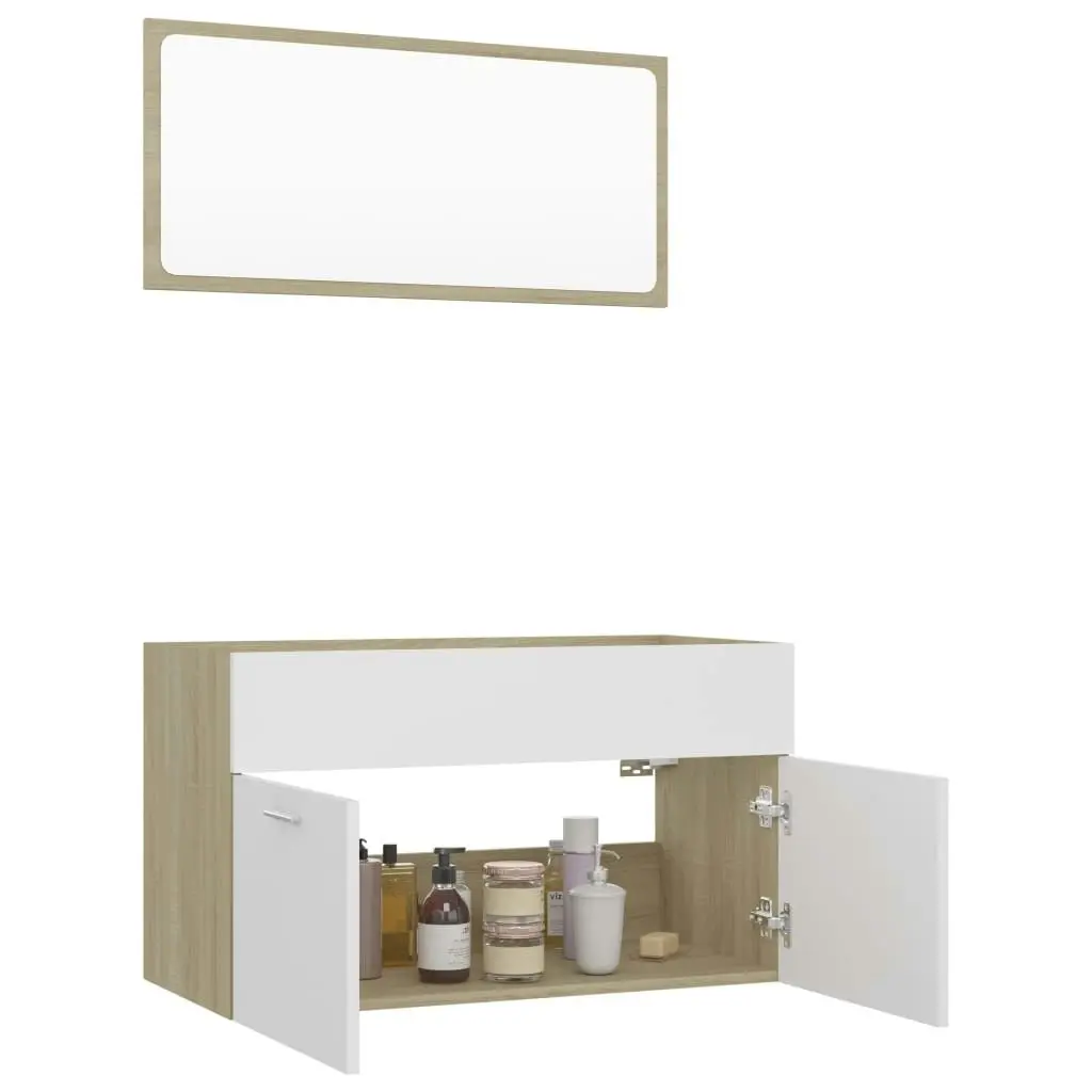 2 Piece Bathroom Furniture Set White and Sonoma Oak Engineered Wood 804796