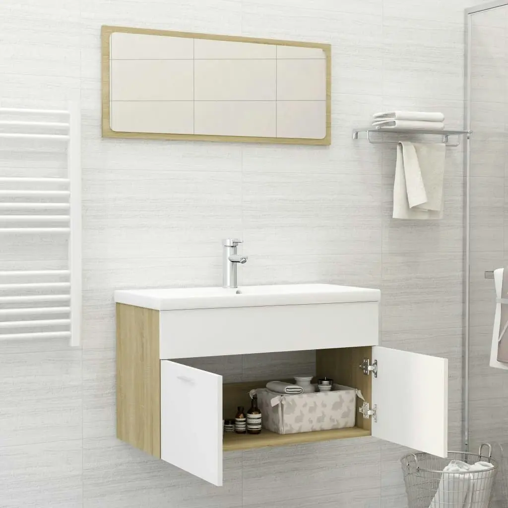 2 Piece Bathroom Furniture Set White and Sonoma Oak Engineered Wood 804796