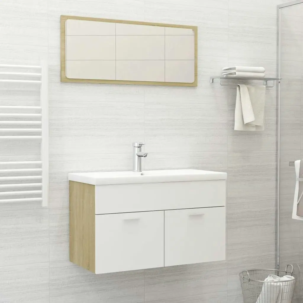 2 Piece Bathroom Furniture Set White and Sonoma Oak Engineered Wood 804796