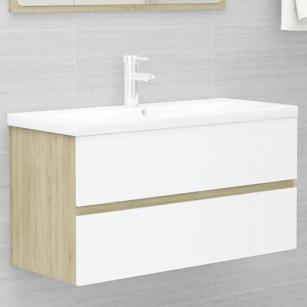 2 Piece Bathroom Furniture Set White and Sonoma Oak Engineered Wood 804895