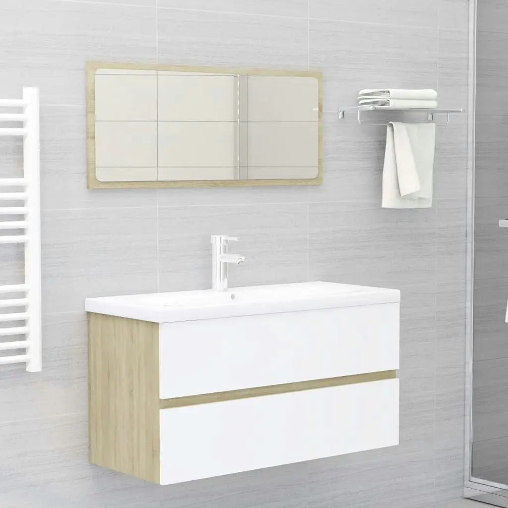 2 Piece Bathroom Furniture Set White and Sonoma Oak Engineered Wood 804895