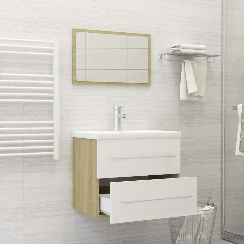 2 Piece Bathroom Furniture Set White and Sonoma Oak Engineered Wood 804832