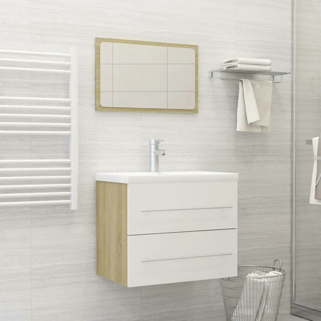 2 Piece Bathroom Furniture Set White and Sonoma Oak Engineered Wood 804832